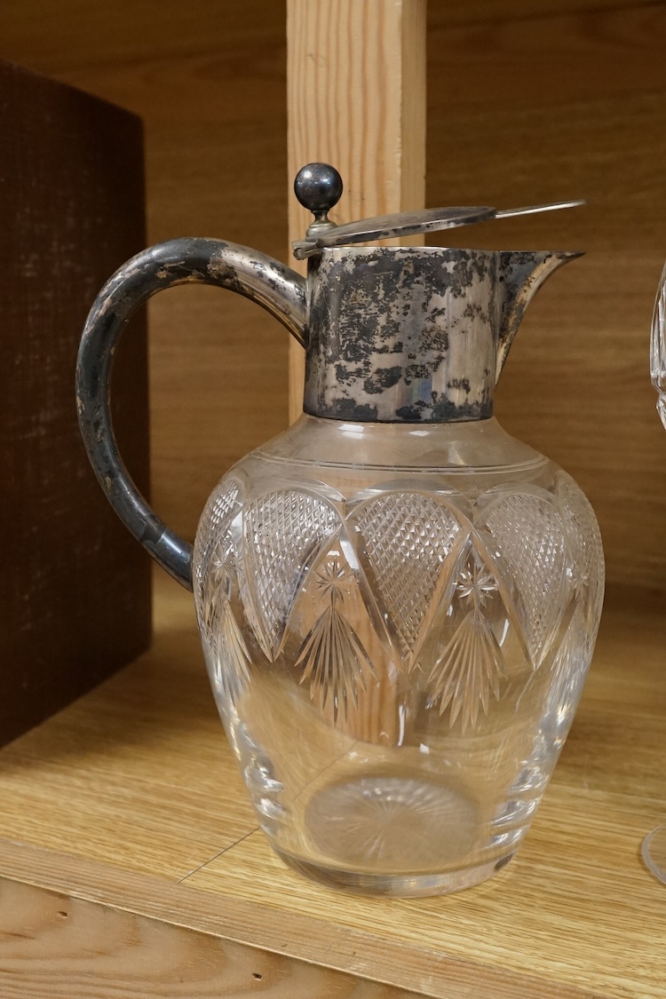 A Waterford cut glass decanter, glasses and an 800 standard mounted claret jug, claret jug 22cm high